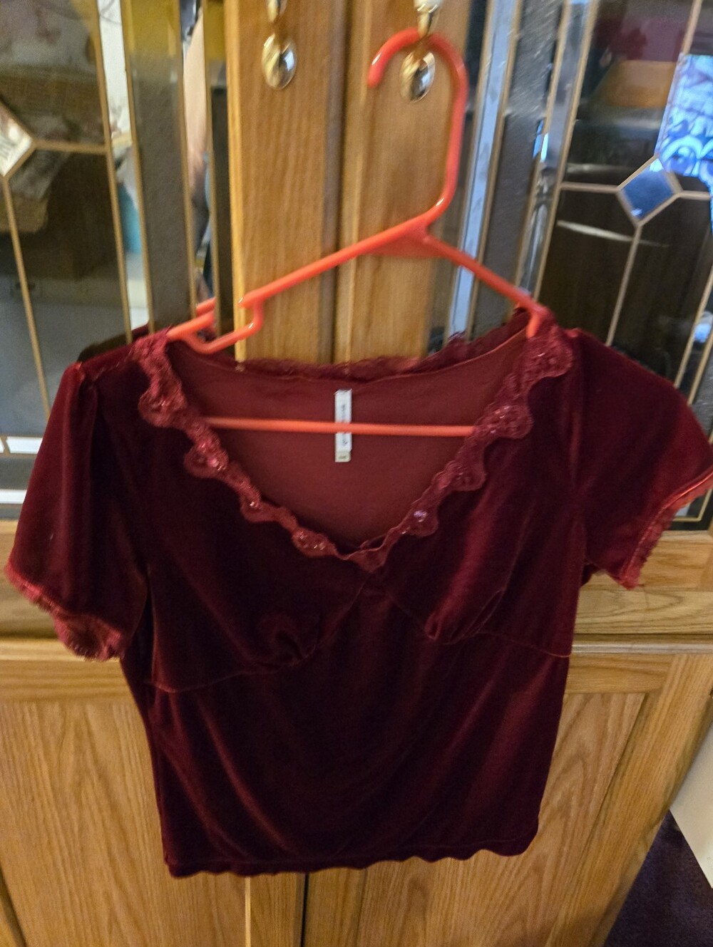 Women’s Velvet Short Sleeve Top in Deep Burgundy